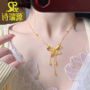 5G黄金在逃公主项链女款999足金蝴蝶结套链纯金一体链新款锁骨链
