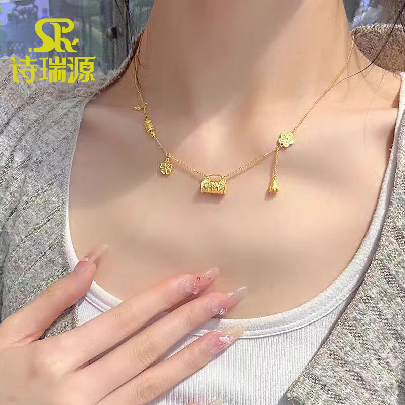 999足金小花金锁项链送女友