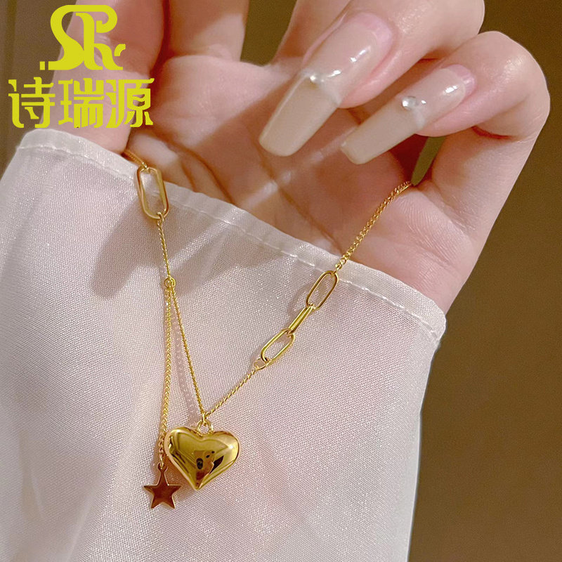 5G黄金爱心套链女款999足金ins风项链纯金正品锁骨链送女朋友礼物