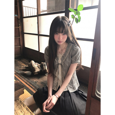 泡泡格子短袖衬衫女款夏季学院风