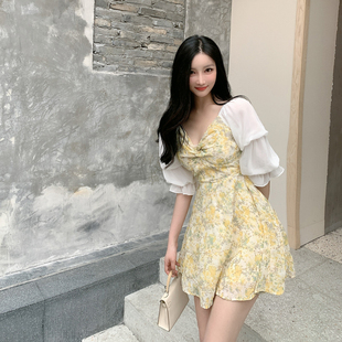 喇叭袖雪纺碎花矮小个子连衣裙2025新款女夏高腰气质显瘦漂亮裙子