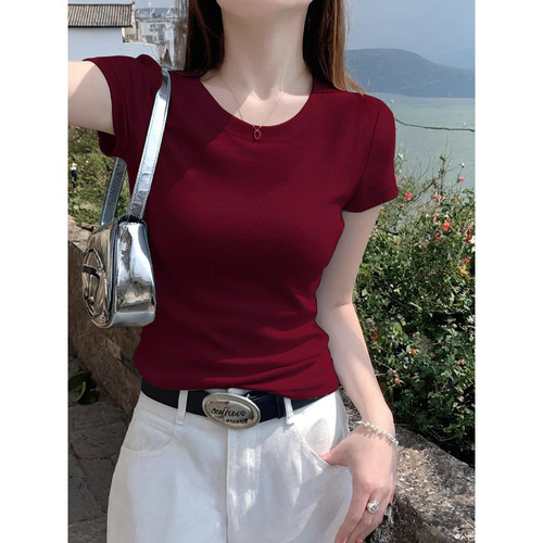 0811e酒红色高级感圆领正肩短袖T恤女夏季基础款修身显瘦打底上衣
