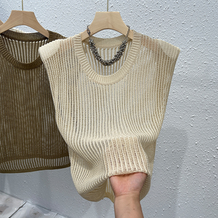 T恤夏季 小众独洋派镂空垫肩T恤外穿别致上0331z1 冰丝针织无袖 女款