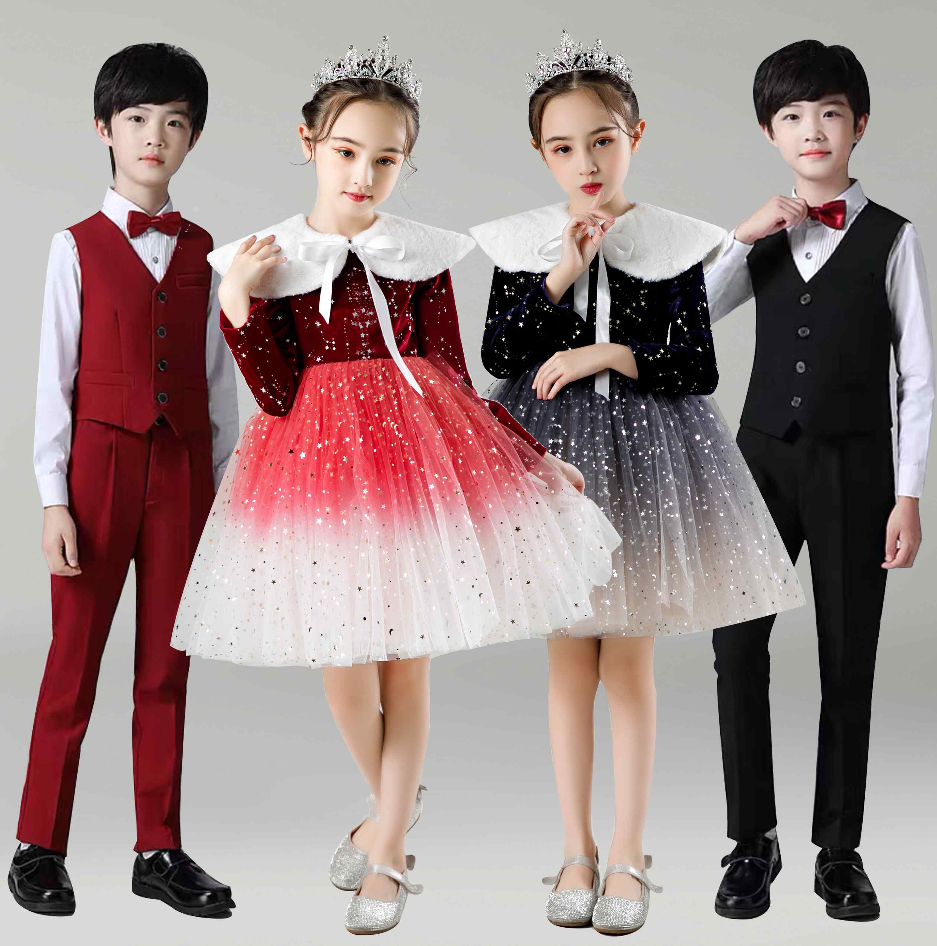 元旦儿童大合唱演出服女童蓬蓬裙小学生红舞蹈裙男童朗诵表演服装