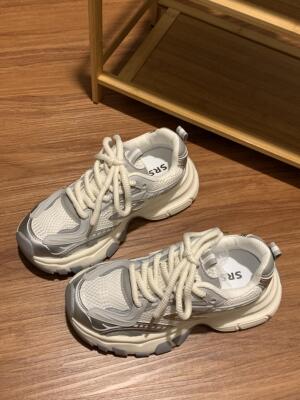 Trends！银色炸街显脚小厚底老爹鞋女款2024新款秋轻便增高运动鞋