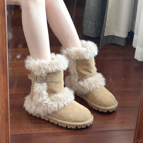 Trends！2026新款皮带扣雪地靴加厚加绒短筒保暖棉靴女中靴潮