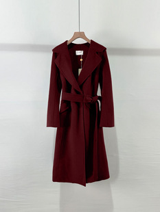 专柜价5990【奥F系列】2025秋冬翻帽领腰带毛呢大衣品牌折扣女装