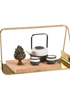 新中式金色手提托盘茶具组合摆件样版房间售楼处茶室茶几软装饰品