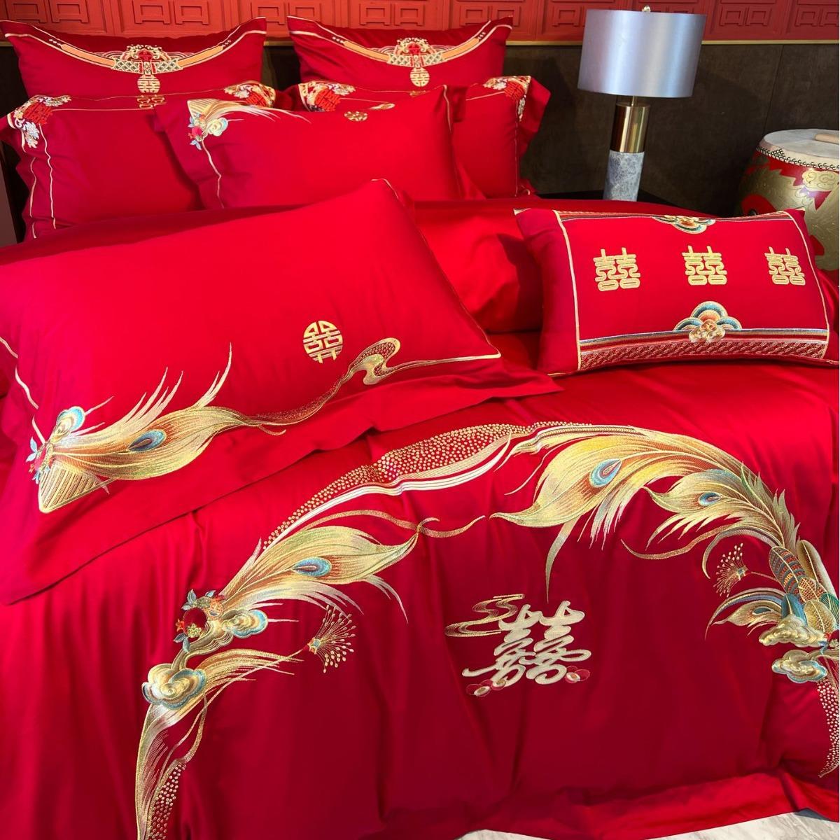 轻奢婚庆家纺红色四件套100支长绒棉备婚六件套红色被套婚房布置