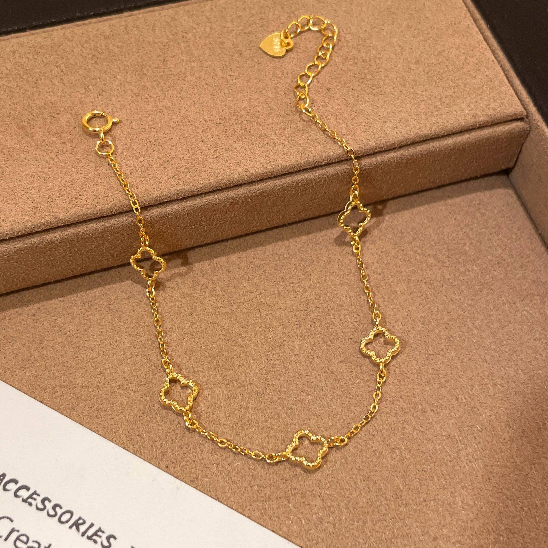国风china chic s925银镀18k金镂空四叶草花朵手链女百搭超闪简约