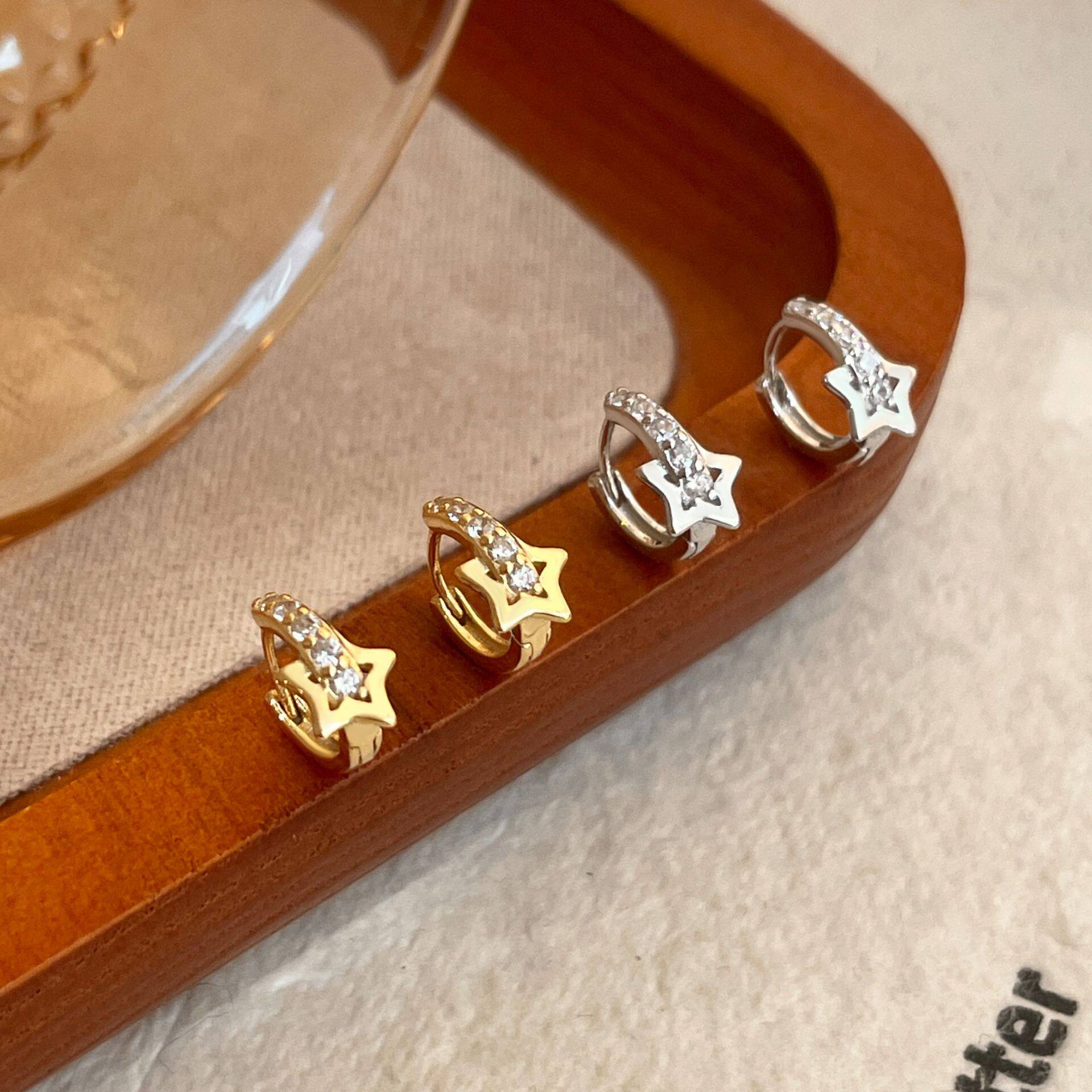 国风china chic s925银镀18k金耳环 五角排钻个性设计感星形耳扣