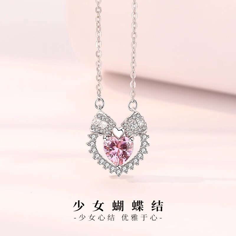 英国coopkoops999银满钻爱心蝴蝶结项链女款新款小众设计感甜美