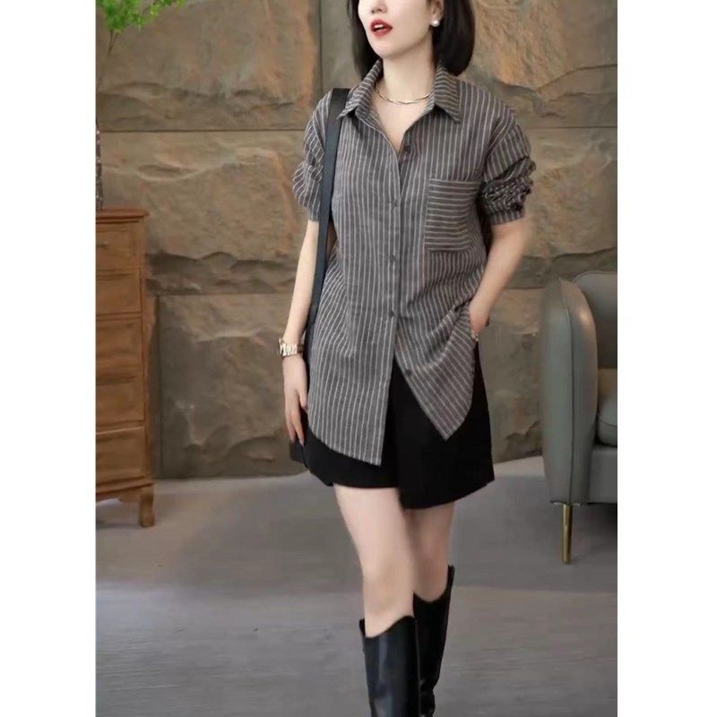 英国coopkoop新款条纹长袖衬衫宽松显瘦休闲短裤女装