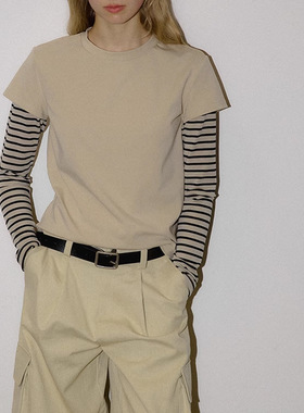 法国cherrykoko小众设计感假两件叠穿拼接长袖T恤撞色条纹圆领