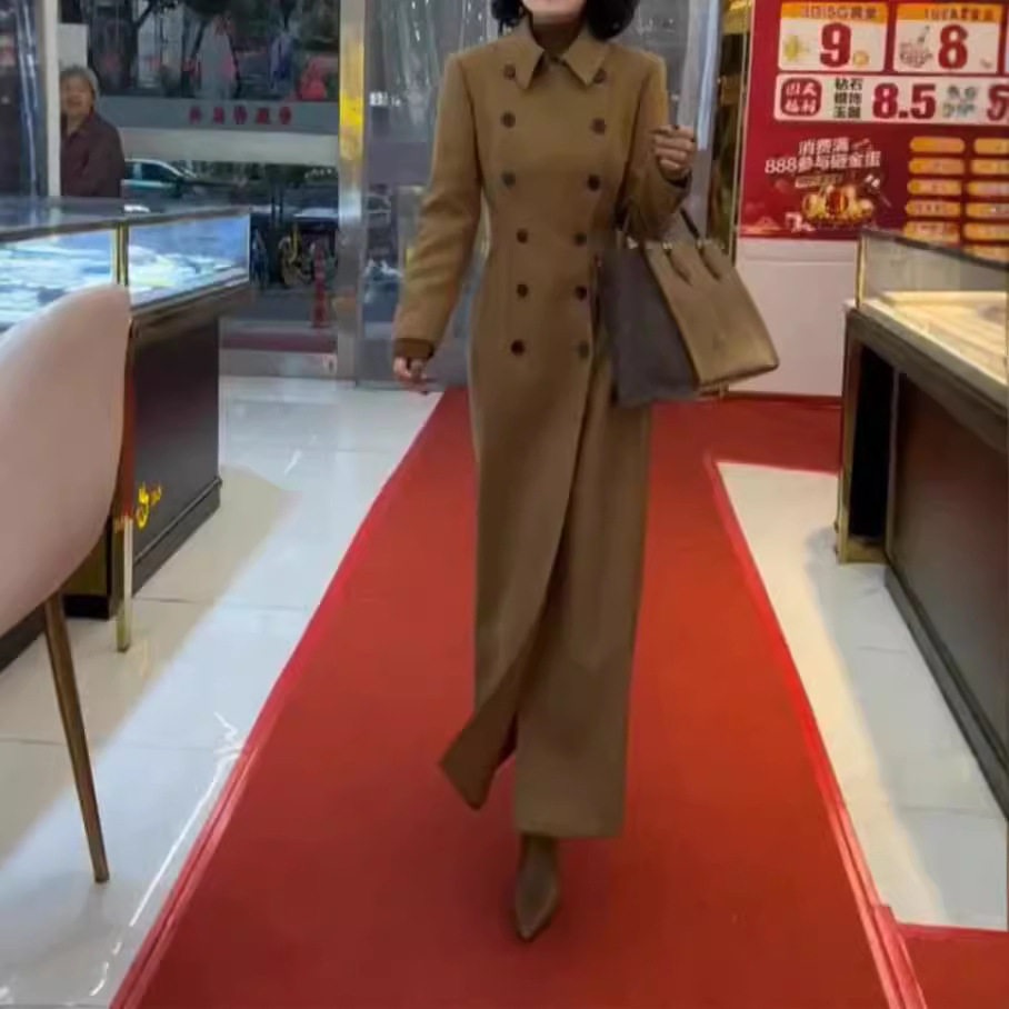 英国coopkoop秋季新款翻领长袖双排扣长款风衣外套显瘦女