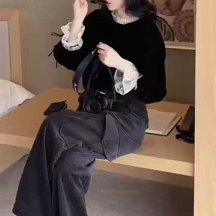 英国coopkoop秋季新款时尚蕾丝拼接长袖上衣休闲条绒裤女