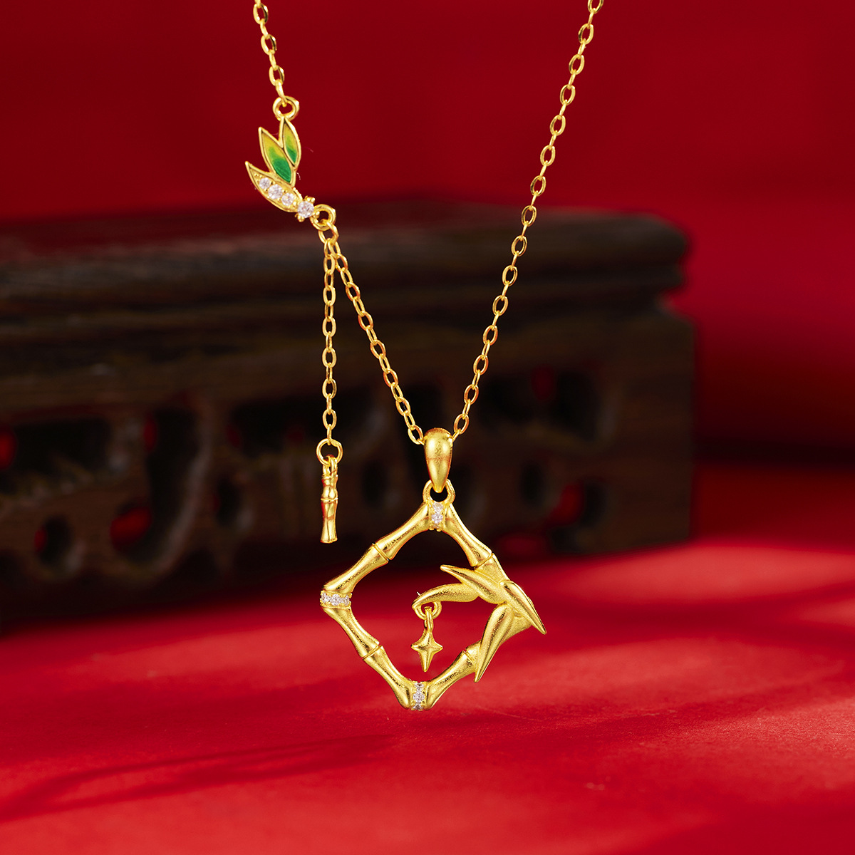 英国coopkoop方形竹节项链s925银工艺滴胶竹叶锁骨链时尚轻奢