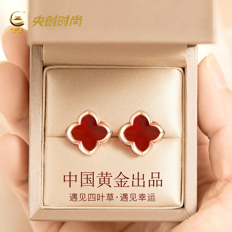【中国黄金】银四叶草耳钉送女生图片
