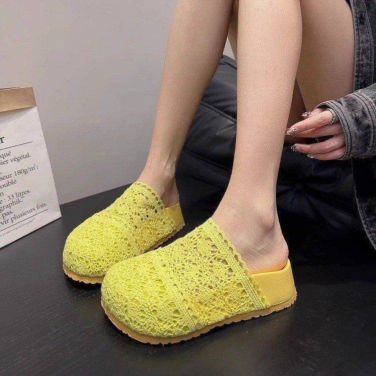 H新25060针织镂空大头松糕厚底包头拖225夏新款外女穿透气季0小个