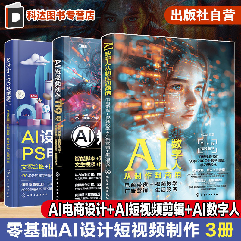 3册 AI电商设计 AI短视频剪辑 AI数字人制作速成技巧大全 轻松掌握AI绘画 PS电商美工技巧 揭秘AI视频制作全流程 轻松玩赚AI数字人