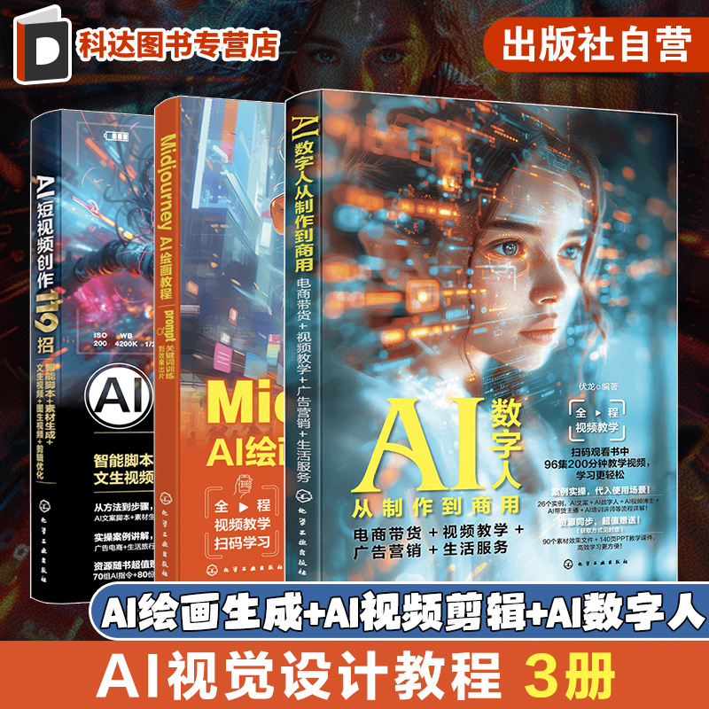 3册 AI视觉设计教程参考书 Midjourney AI绘画教程prompt关键词训练到效果出片 AI短视频创作119招 AI数字人从制作到商用 电商带货