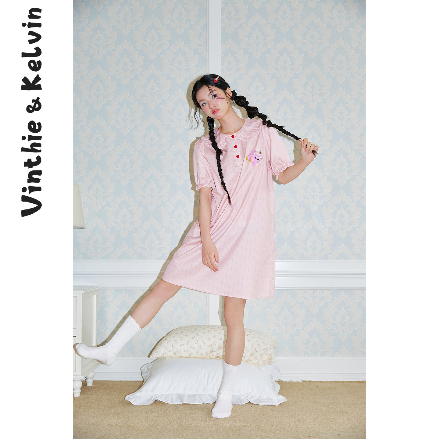 V&K2026夏新款睡衣睡裙家居服女短袖娃娃领条纹粉兔子纯棉宽松