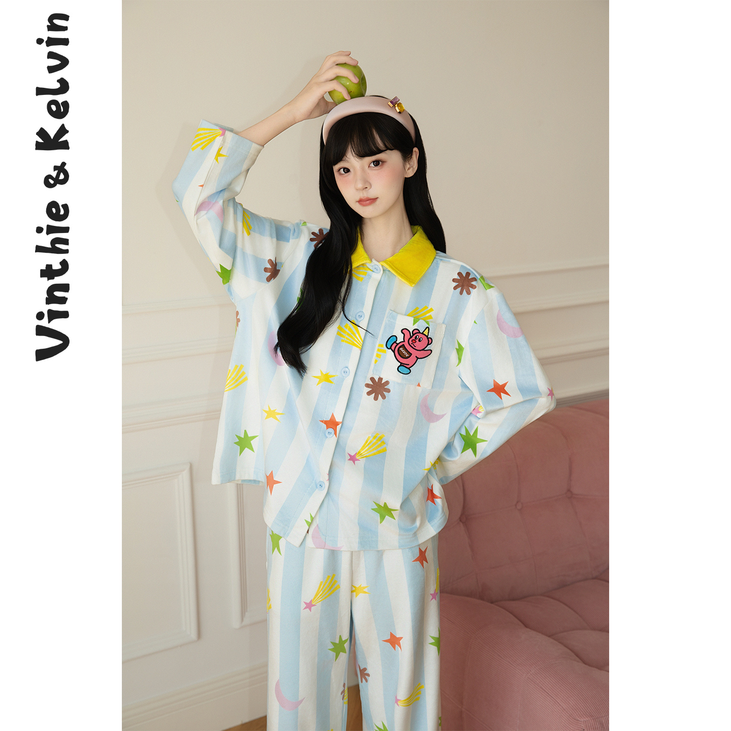 V&K2025秋冬新款女睡衣家居服小熊超柔翻领套装绒绒保暖休闲宽松