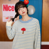 长袖 V&K2024秋冬新款 睡衣家居服半边绒女条纹蘑菇两件套装 可外穿