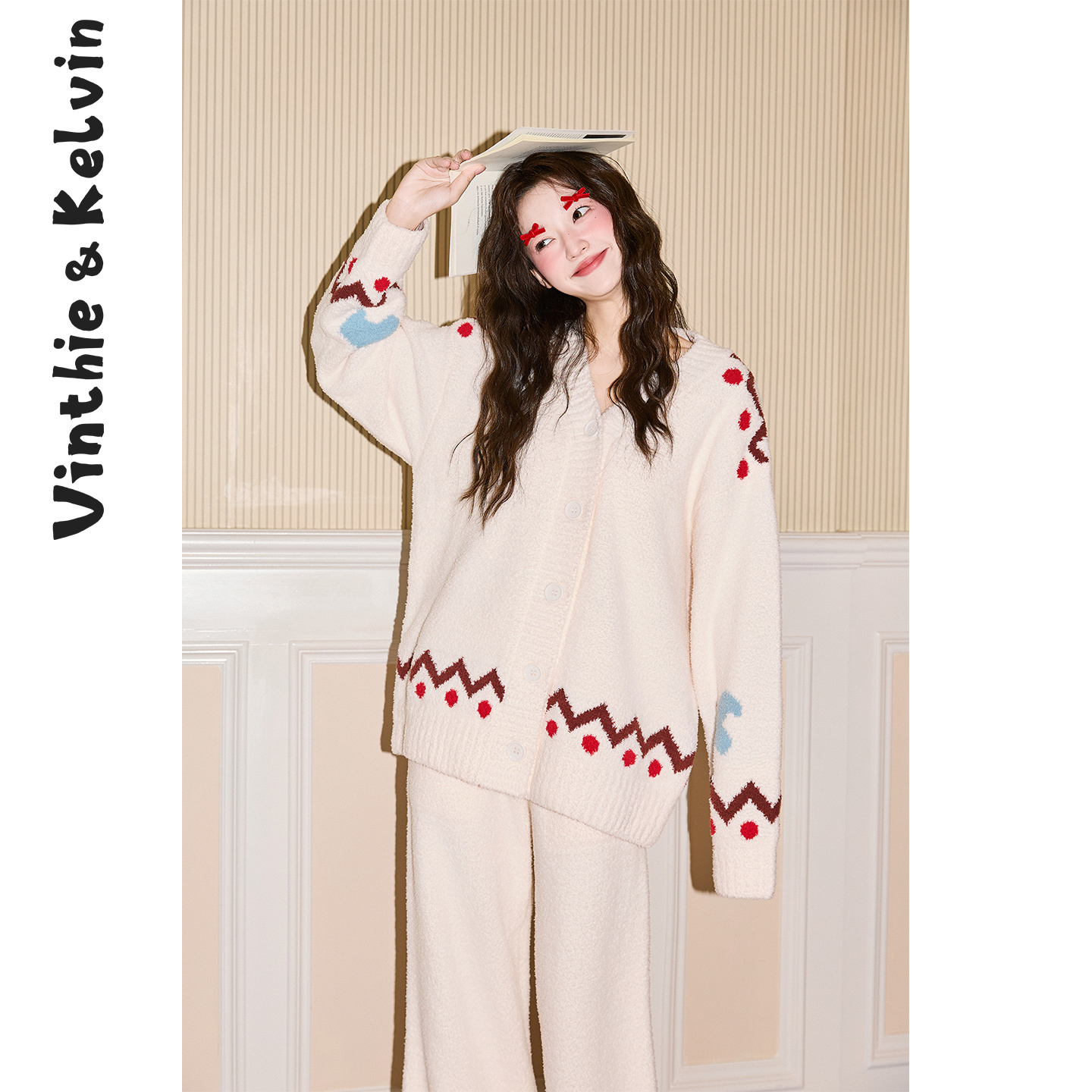 V&K2025秋冬女新款飞鸟对襟开衫半边绒睡衣家居服保暖套装可外穿