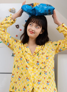 V&K2026春季新款家居服睡衣女黄色小熊梭织宽松套装长袖可外穿