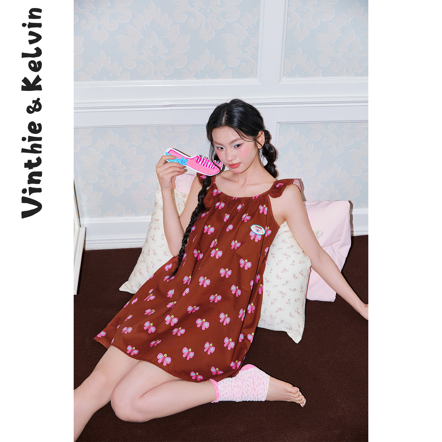 V&K2026夏新款睡衣家居服女吊带睡裙蝴蝶可爱纯棉梭织可外穿宽松