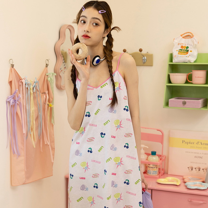 V&K2024夏季新款睡裙女吊带背心千禧甜酷数码家居服少女撞色甜美