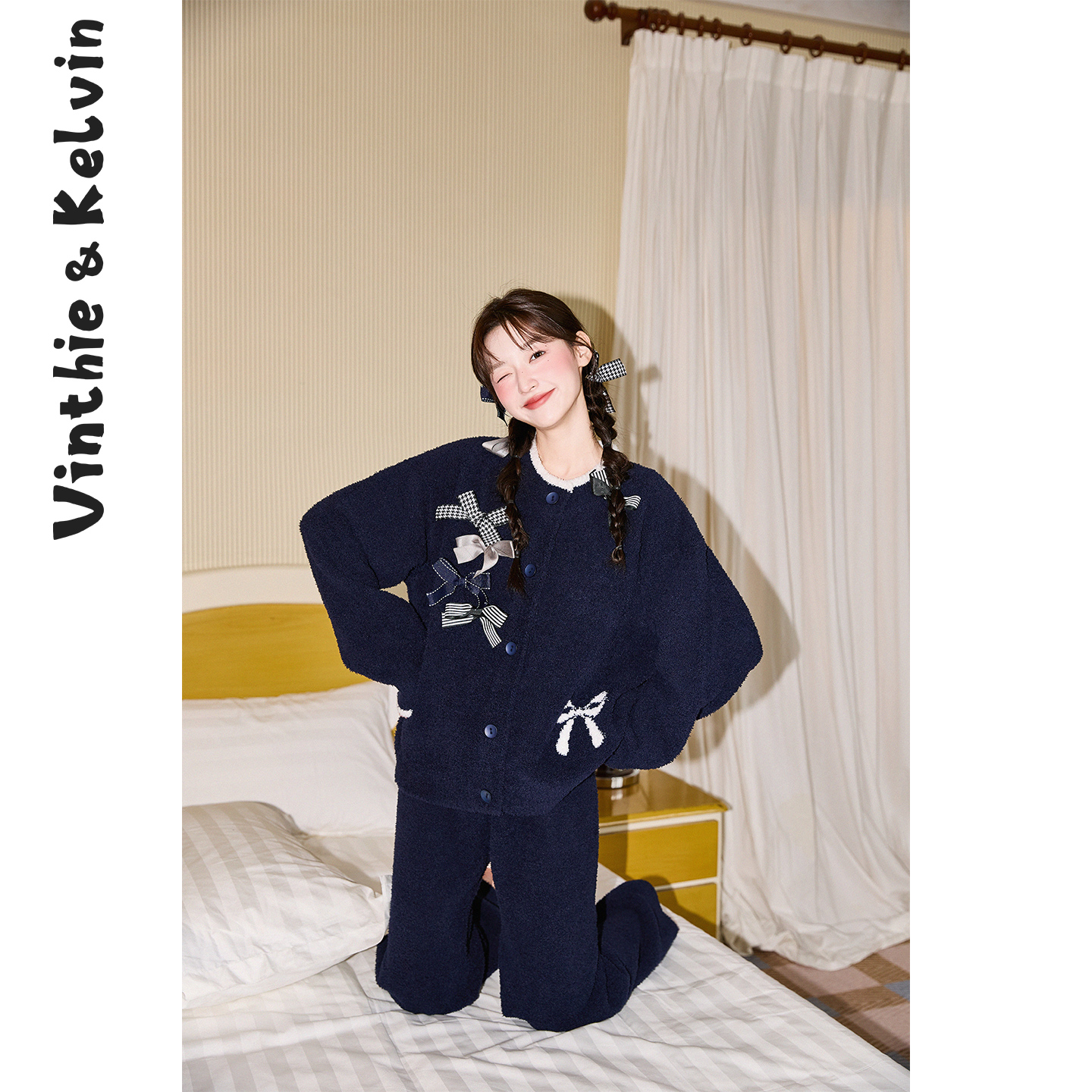 V&K2025秋冬新款睡衣家居服长裤长袖半边绒蝴蝶结可拆保暖可外穿