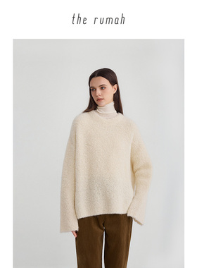 therumah奶白色泰迪廓形毛衣立体剪裁羊驼毛苣软糯圈圈纱针织毛衣