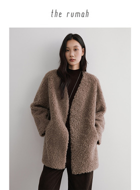 the rumah 绵羊毛无领大衣外套 高级感仿皮毛一体大衣 秋冬新款