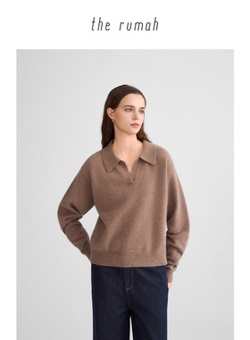 the rumah狐狸绒POLO领针织毛衣 云朵慕斯复古V领长袖针织POLO衫