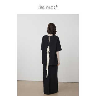 上衣老钱风静奢轻盈舒适叠搭上衣 黑色羊毛撞色绑带短袖 the rumah