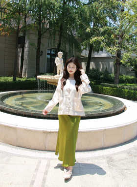 圆圆媛er 国风新中式绿色醋酸半身裙女新款春秋高级感缎面长裙