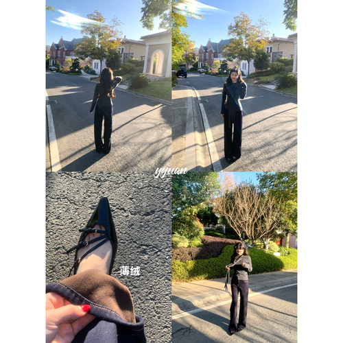 加绒阔腿微喇长裤牛仔裤女