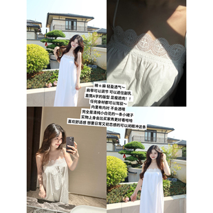圓圓媛er 度假感甜美蕾絲花邊設計感白色吊帶連衣裙長裙 小白梨