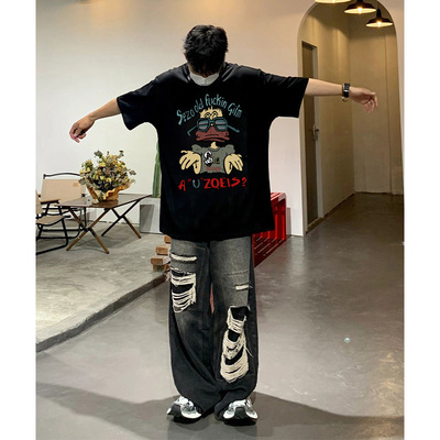 高街美式嘻哈纯棉短袖t恤男复古