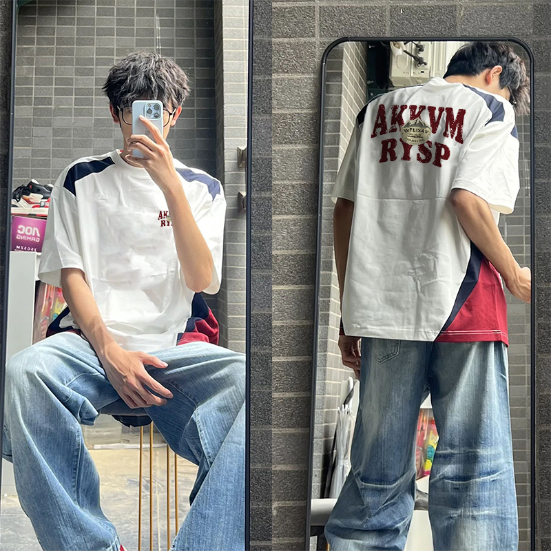 美式潮牌vintage重磅短袖拼接t恤