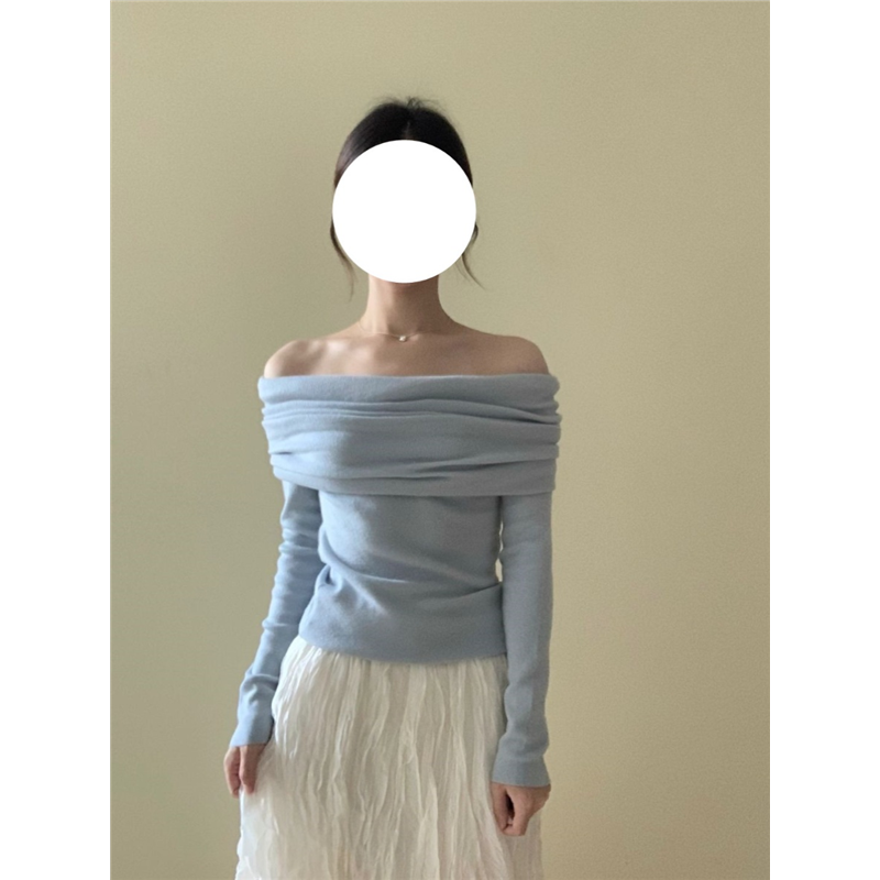 蓝色一字肩上衣女chic甜美设计感小众气质露肩别致超仙针织衫毛衣