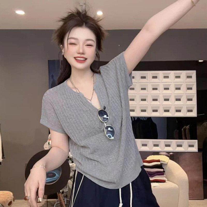 夏季欧货宽松短袖T恤上衣女微胖大尺码宽松显瘦慵懒风冰丝针织衫
