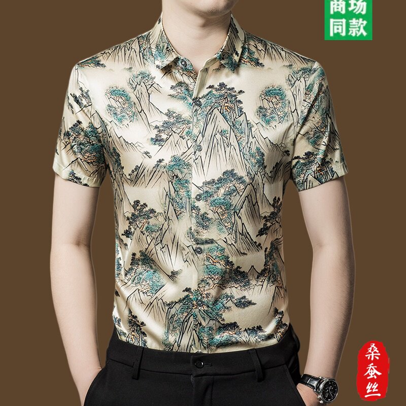 鄂尔多斯市桑蚕丝男士衬衫休闲风印花翻领短袖男款2026新款衬衣
