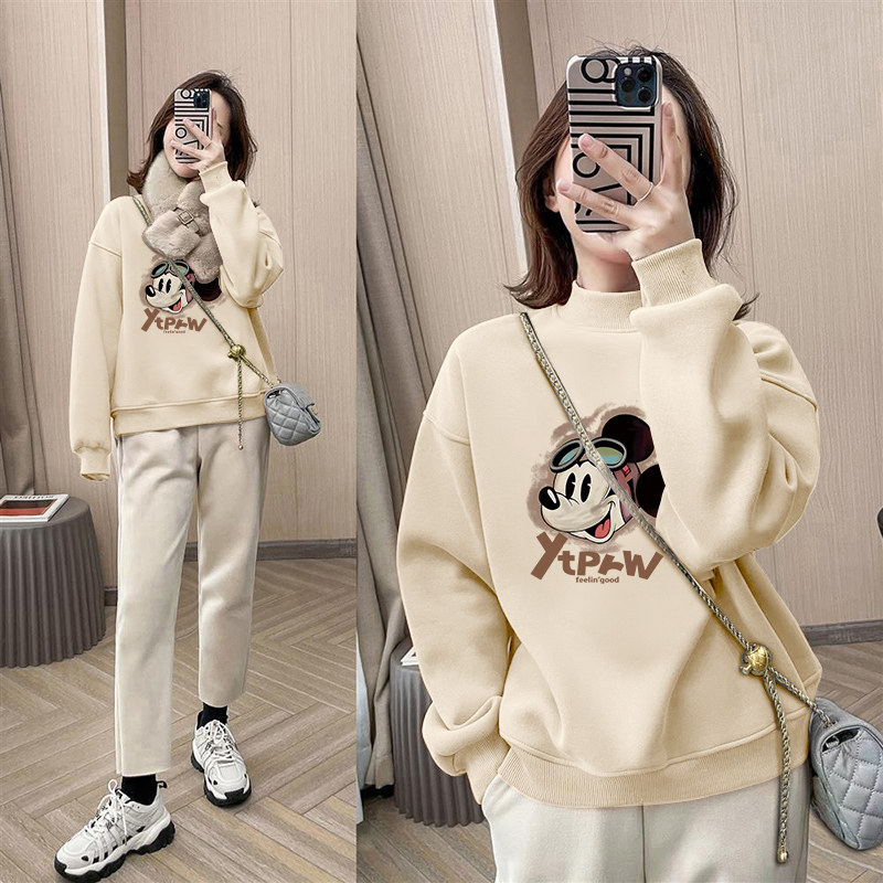 2025 Autumn and Winter New Half-High Collar Pullover Base Layer Fleece Lined and Thickened Women's Loose Korean Style Casual Jacket