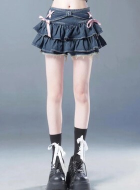 Double blue denim mini pleated skirt双层蓝色牛仔款迷你百褶裙