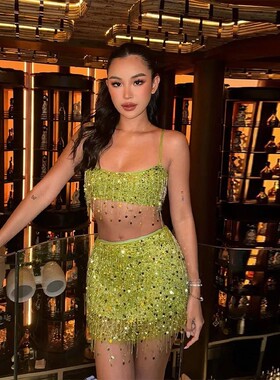 Stylish Sequin Cami Skirt Set流苏吊带半裙 亮片修身女装套装