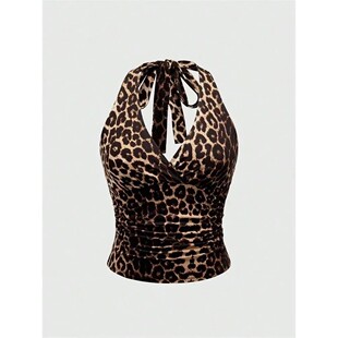挂脖背心Retro Halter Leopard Backless Top Print 豹纹露背短款