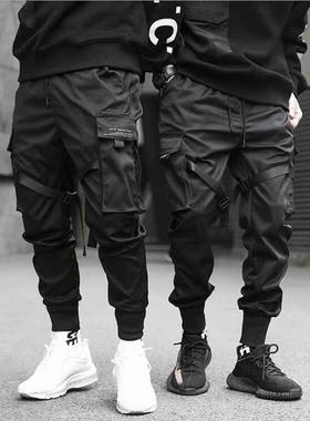 黑色带飘带束脚款工装裤Black cargo pants with streamer corset